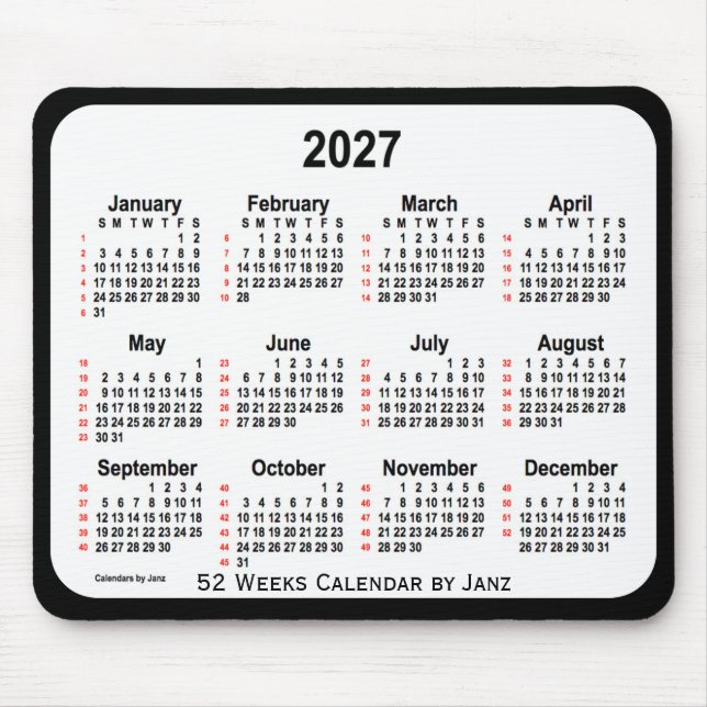 Tapis De Souris 2027 Black Two Tone 52 Weeks Calendrier par Janz (Devant)