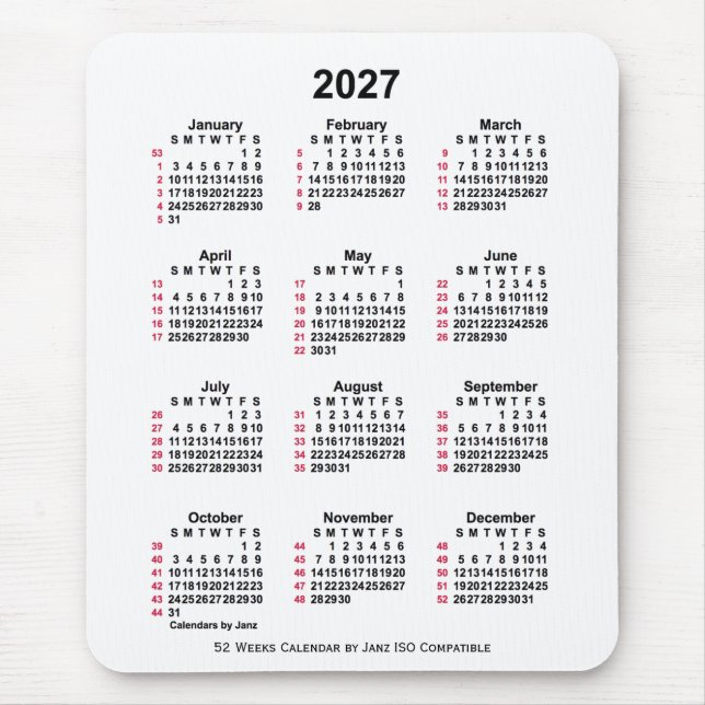 Tapis De Souris 2027 Blanc 52 semaines Calendrier ISO par Janz (Devant)