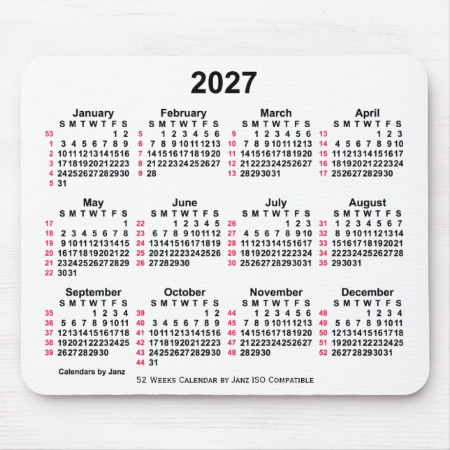 Tapis De Souris 2027 Blanc 52 semaines Calendrier ISO par Janz (Devant)