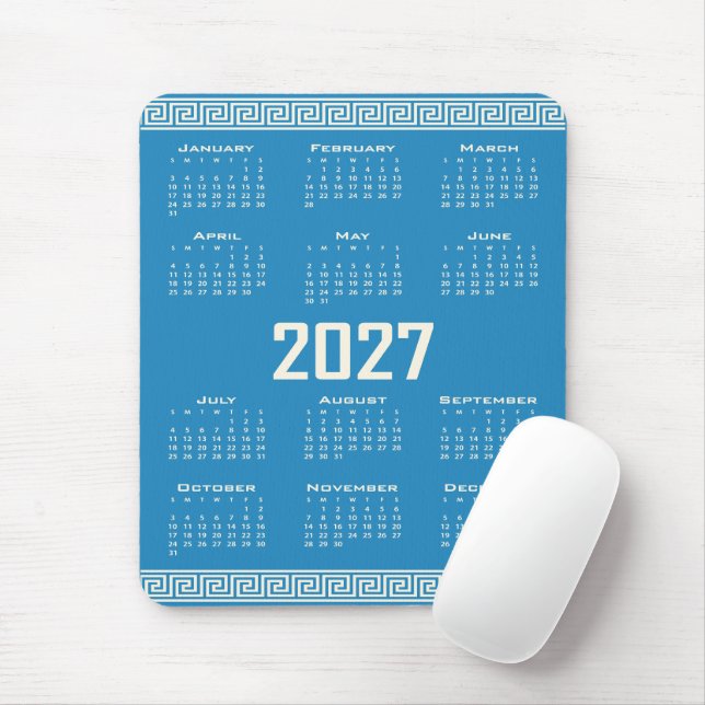 Tapis De Souris 2027 Calendar, Greek Fret, Cosmic Latte on Blue (Avec souris)