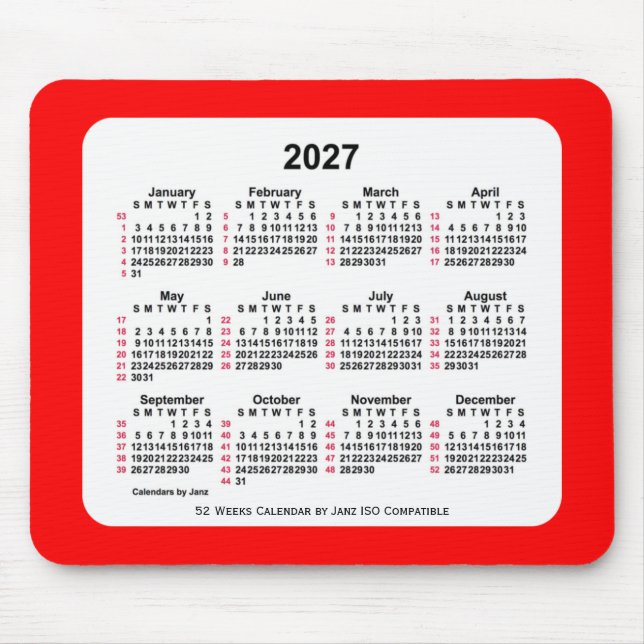 Tapis De Souris 2027 Rouge 52 semaines Calendrier ISO par Janz Two (Devant)