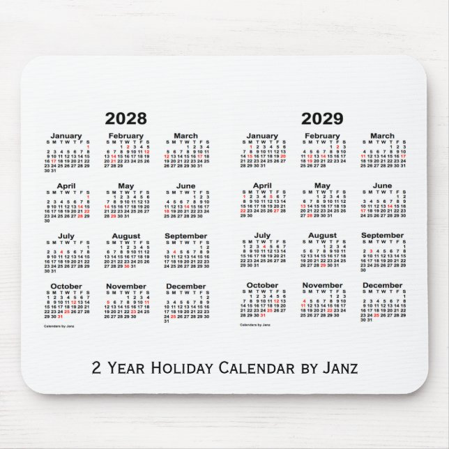 Tapis De Souris 2028-2029 White 2 Year Holiday Calendar par Janz (Devant)