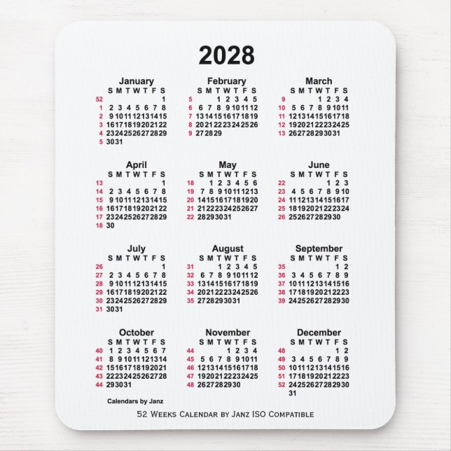 Tapis De Souris 2028 Blanc 52 semaines Calendrier ISO par Janz (Devant)