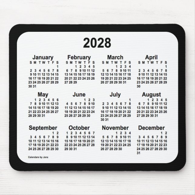 Tapis De Souris 2028 Blanc sur le calendrier noir par Janz Two Ton (Devant)