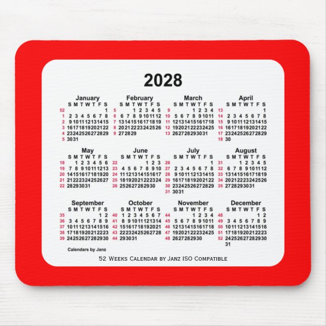 Tapis De Souris 2028 Rouge 52 semaines Calendrier ISO par Janz Two (Devant)