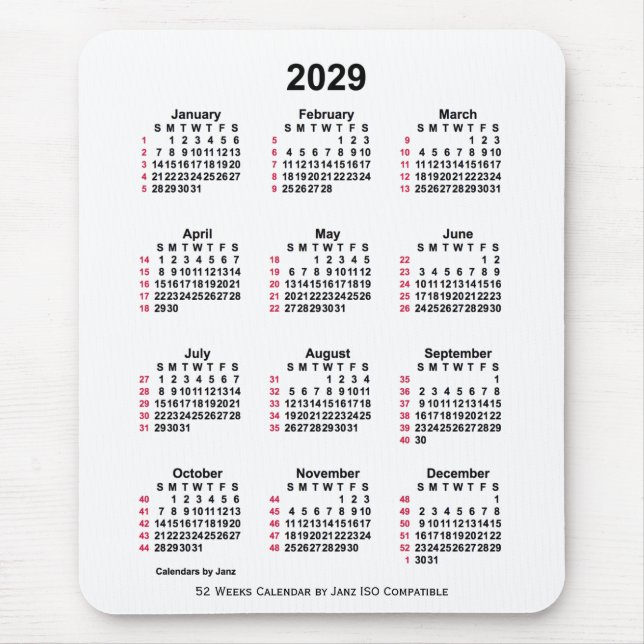 Tapis De Souris 2029 Blanc 52 semaines Calendrier ISO par Janz (Devant)
