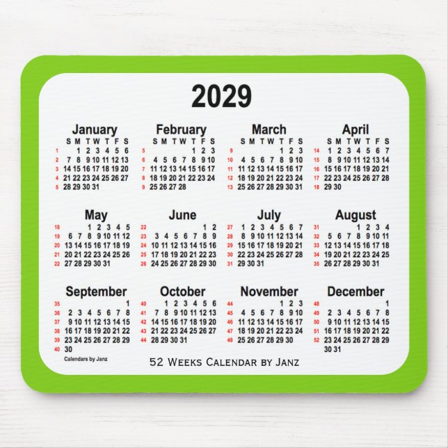 Tapis De Souris 2029 Jaune Vert 52 Semaines Calendrier par Janz (Devant)