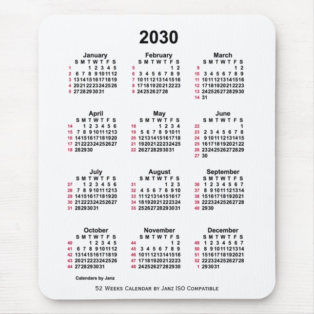 Tapis De Souris 2030 Blanc 52 semaines Calendrier ISO par Janz (Devant)