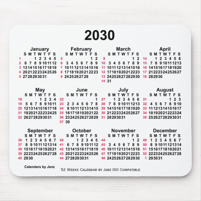 Tapis De Souris 2030 Blanc 52 semaines Calendrier ISO par Janz (Devant)