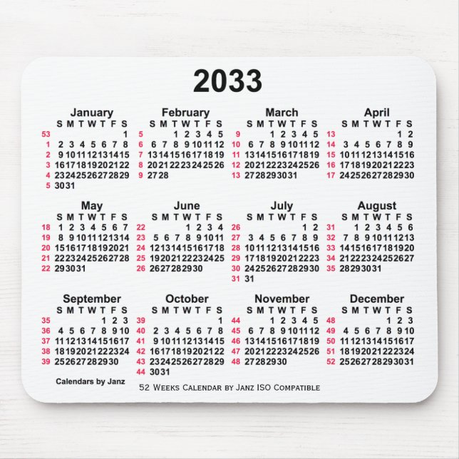 Tapis De Souris 2033 Blanc 52 semaines Calendrier ISO par Janz (Devant)