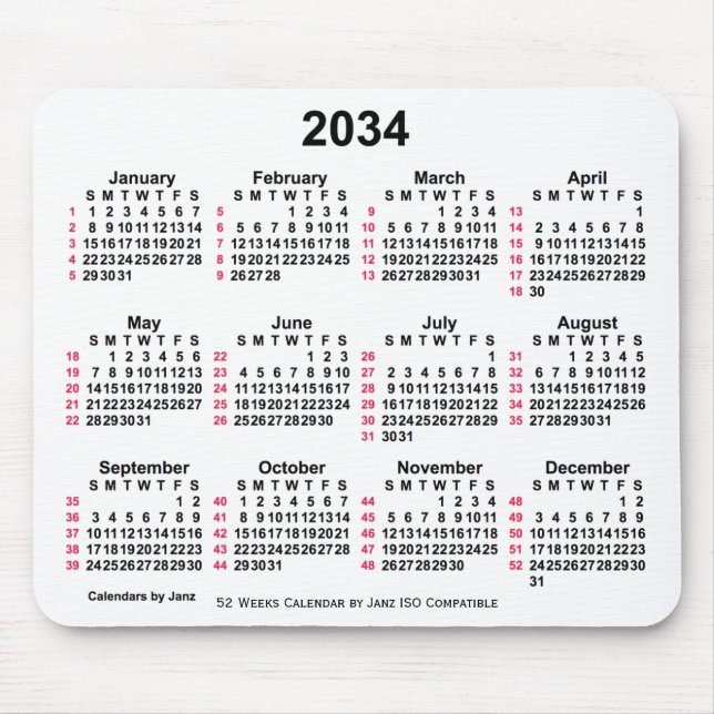Tapis De Souris 2034 Blanc 52 semaines Calendrier ISO par Janz (Devant)