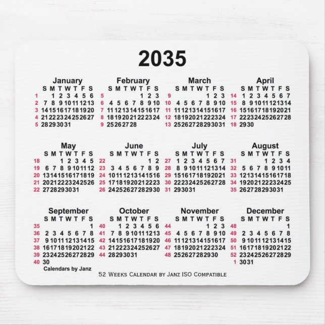 Tapis De Souris 2035 Blanc 52 semaines Calendrier ISO par Janz (Devant)