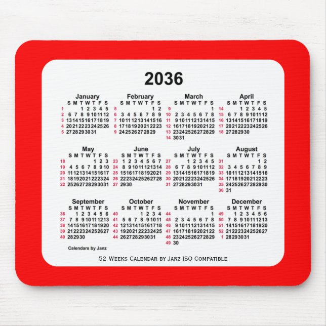 Tapis De Souris 2036 Rouge 52 semaines ISO Calendrier par Janz Two (Devant)