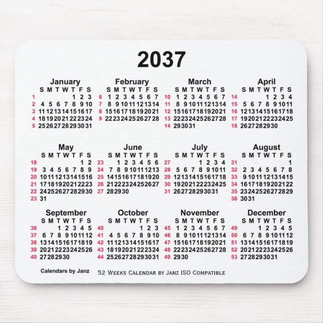 Tapis De Souris 2037 Blanc 52 semaines Calendrier ISO par Janz (Devant)