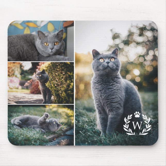 Tapis De Souris 4 Cat Photo Collage Paw Laurel Wreath Monogramme (Devant)
