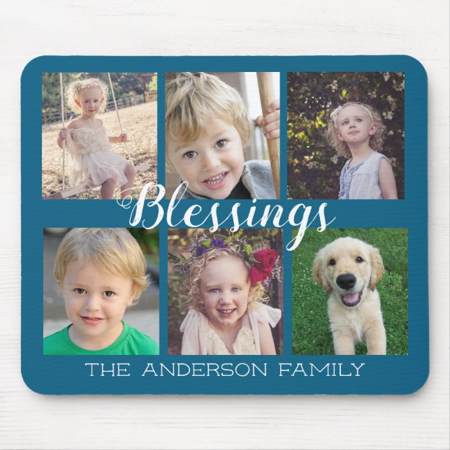 Tapis De Souris 6 Photo Collage Blessings Script Blue (Devant)