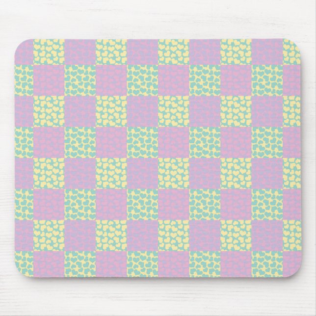 Tapis De Souris à damiers Love-Pastel rose, jaune, violet et vert (Devant)