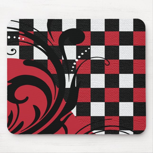 Tapis De Souris à damiers Motif Swirl | Rouge foncé, blanc, noir (Devant)