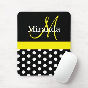 Tapis de souris à monogramme à pois jaune noir bla