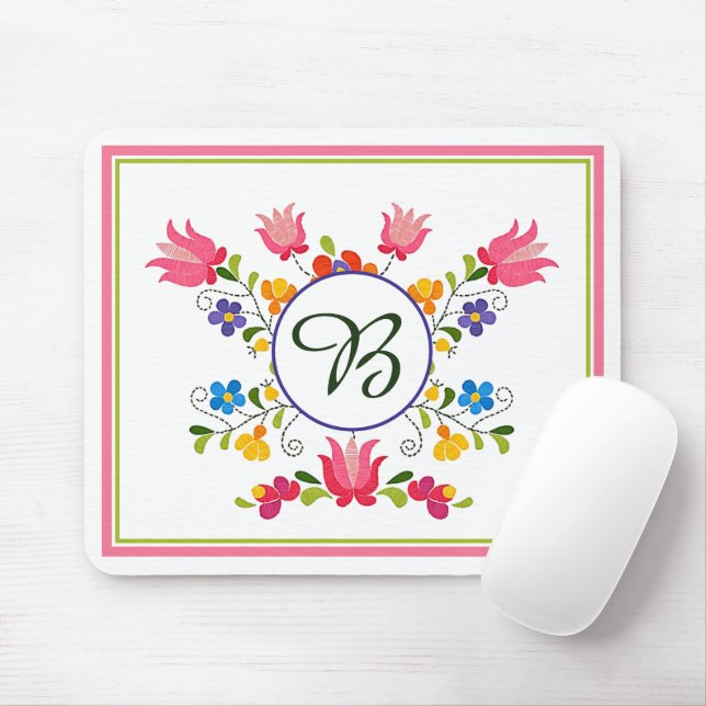 Tapis de souris à monogramme broderie florale (Avec souris)