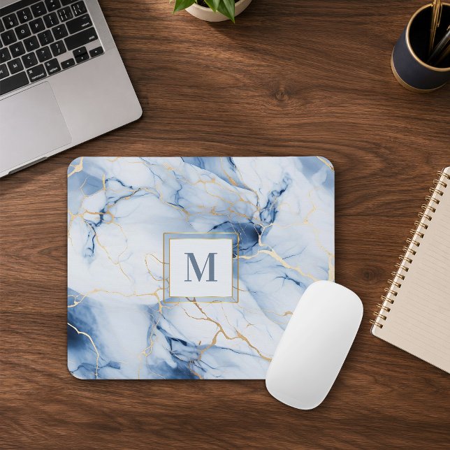 Tapis de souris à monogramme en marbre blanc bleu  (Créateur téléchargé)