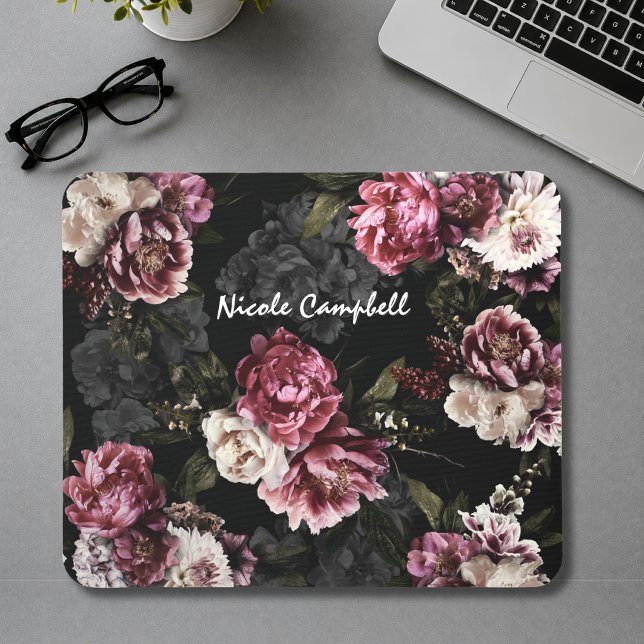 Tapis de souris à monogramme floral rose blanc élé (Créateur téléchargé)