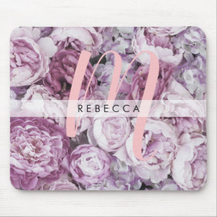 Tapis de souris à monogramme floral roses de pivoi