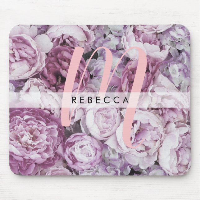 Tapis de souris à monogramme floral roses de pivoi (Devant)