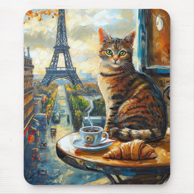 Tapis De Souris A Morning in Paris | Tabby Cat at a Cafe (Devant)