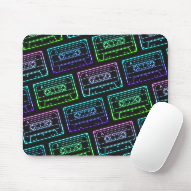 Tapis de souris à motif de cassette néon bleu vert (Avec souris)
