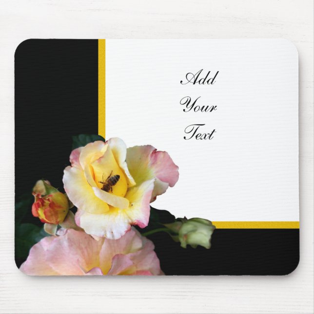 Tapis De Souris Abeille sur roses rose jaune Fleurs (Devant)