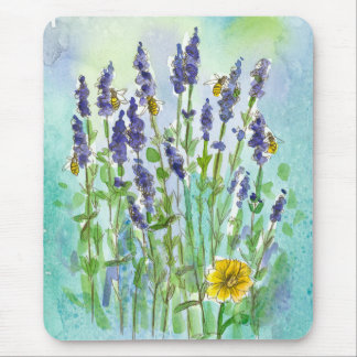 Tapis De Souris Abeilles de miel Lavande Aquarelle Fleurs Bleu