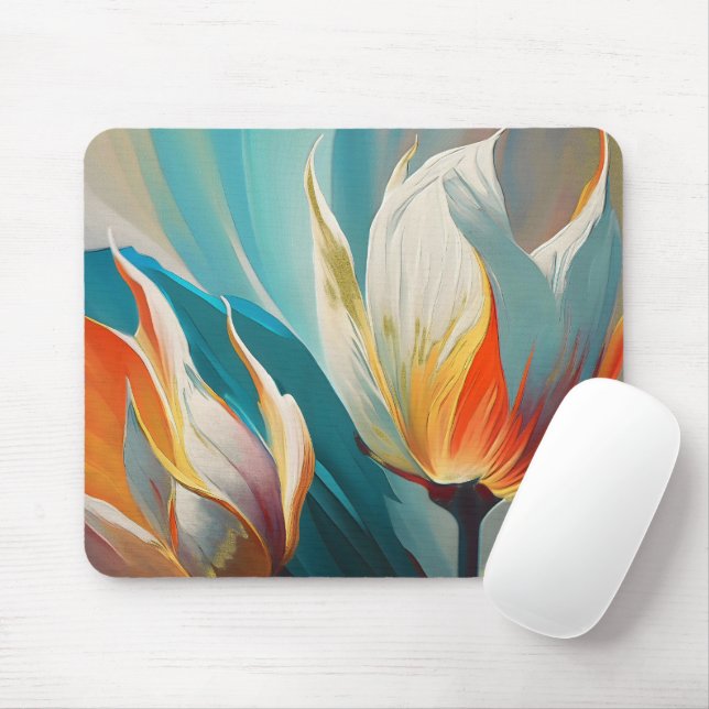 Tapis De Souris Abstract Floral Glow in Teal and Orange (Avec souris)