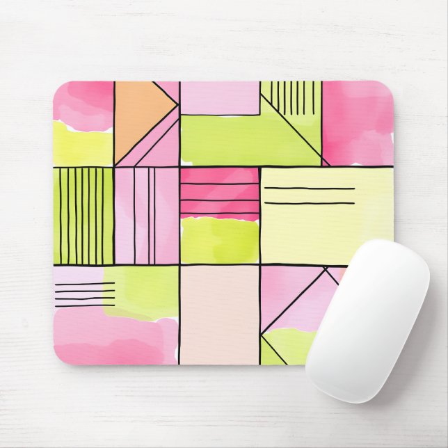 Tapis De Souris Abstrait patchwork rose et vert citron (Avec souris)