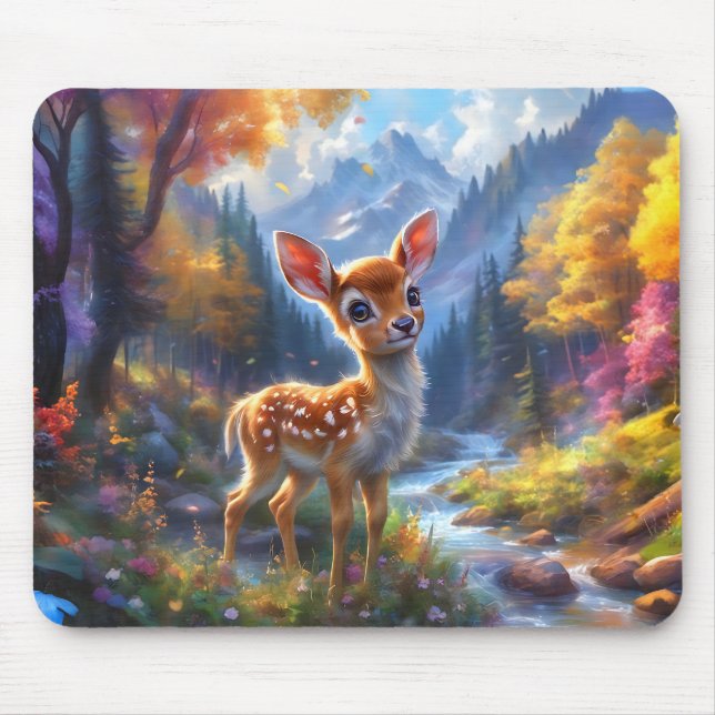 Tapis De Souris Adorable Cerf de Bébé dans une forêt enchantée (Devant)