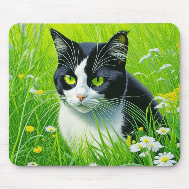 Tapis De Souris Adorable Chat assis dans un champ de marguerites (Devant)
