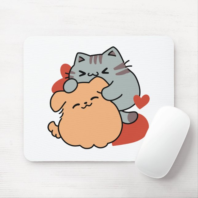 Tapis De Souris Adorable chat et chien Hug - Meow & Woof Design (Avec souris)