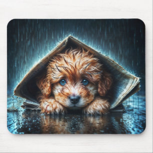 Tapis De Souris Adorable chiot mouillé sous abri de journal