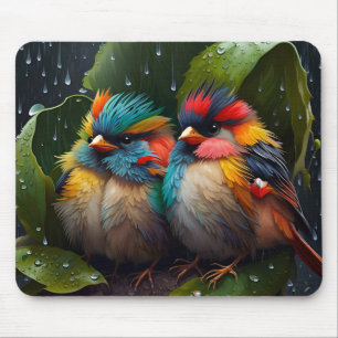 Tapis De Souris Adorable Fluffy Oiseaux colorés sous la pluie