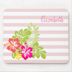 Tapis De Souris Adorable Hibiskus hawaïen, Stripes - Personnalisé