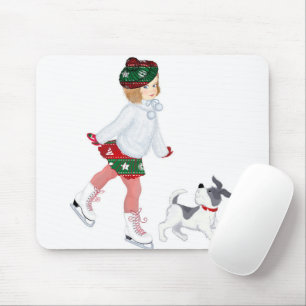 Tapis De Souris Adorable little girl skating on ice and dog