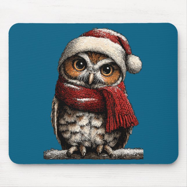 Tapis De Souris Adorable Owl With Santa Hat Snowy Winter Christmas (Devant)