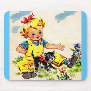 Tapis De Souris adorable petite fille avec adorable petit chaton
