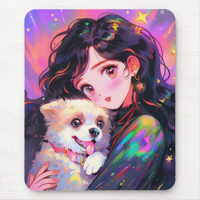 Tapis De Souris Adorable Retro Anime Girl & Her Dog (Devant)
