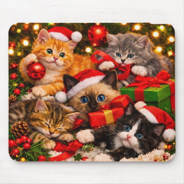 Tapis de souris Adorables Chatons de Noël Jouant (Devant)