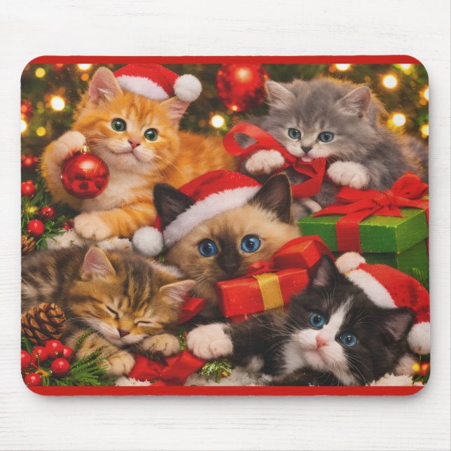 Tapis de souris Adorables Chatons de Noël Jouant (Devant)