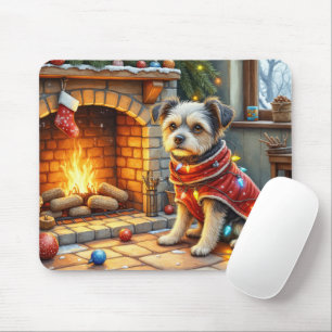 Tapis De Souris Affenpinscher assis devant une cheminée avec des l