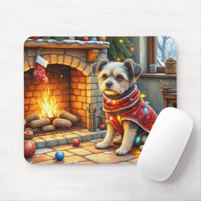 Tapis De Souris Affenpinscher assis devant une cheminée avec des l (Avec souris)