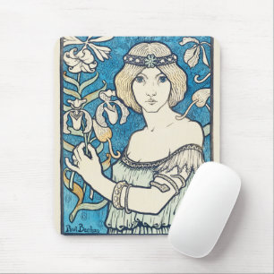 Tapis De Souris Affiche d'art vintage femme florale bleue Art Nouv