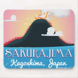 Tapis De Souris Affiche de voyage vintage du volcan Sakurajima Jap